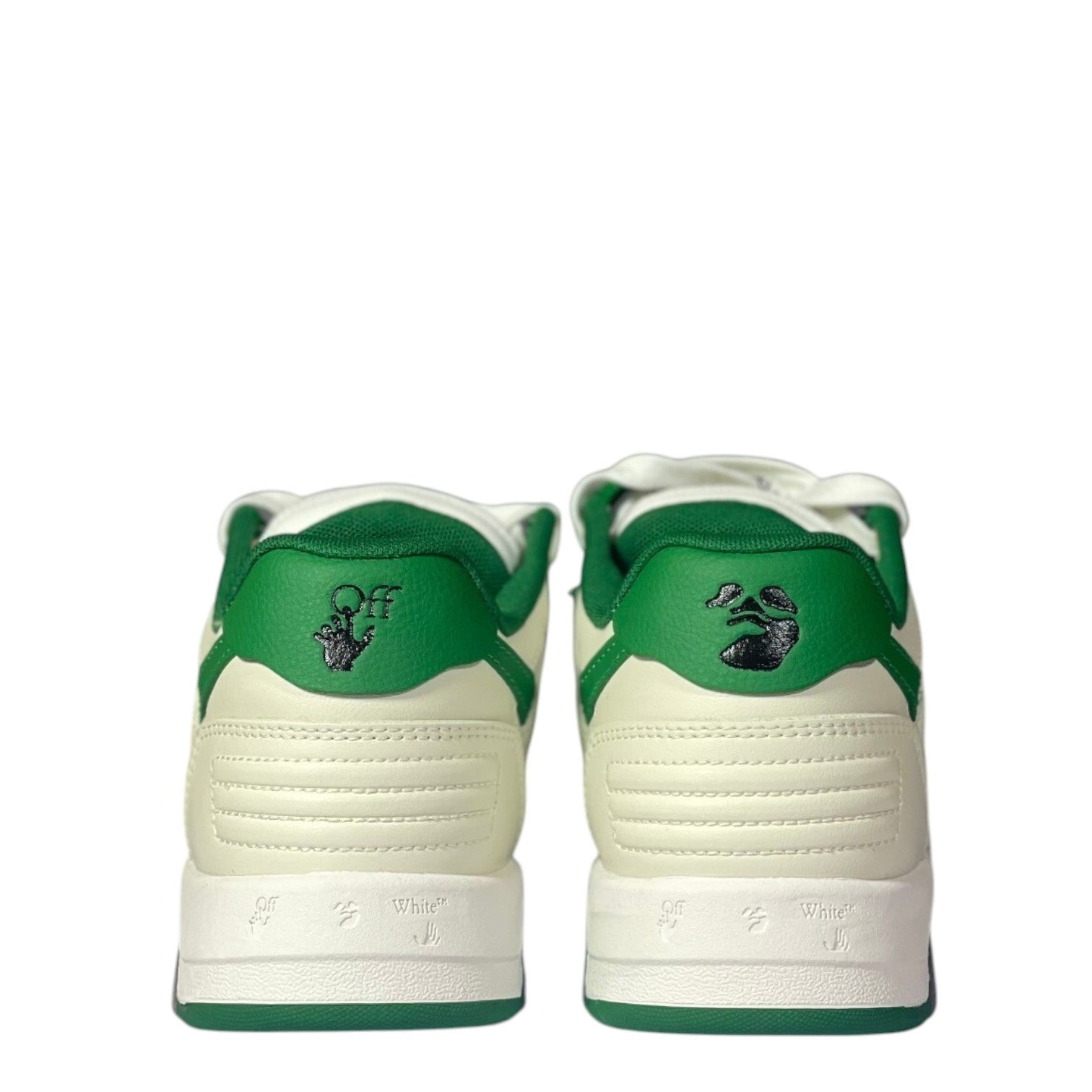 Luxury Chef Off-White Out of Office sneakers in cream with green accents and embroidered logo.