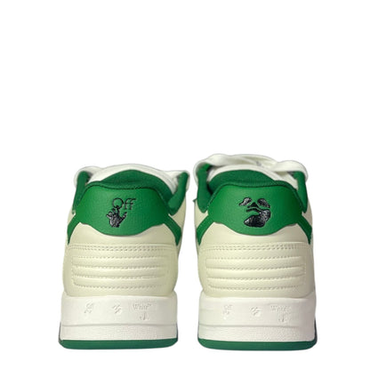 Luxury Chef Off-White Out of Office sneakers in cream with green accents and embroidered logo.
