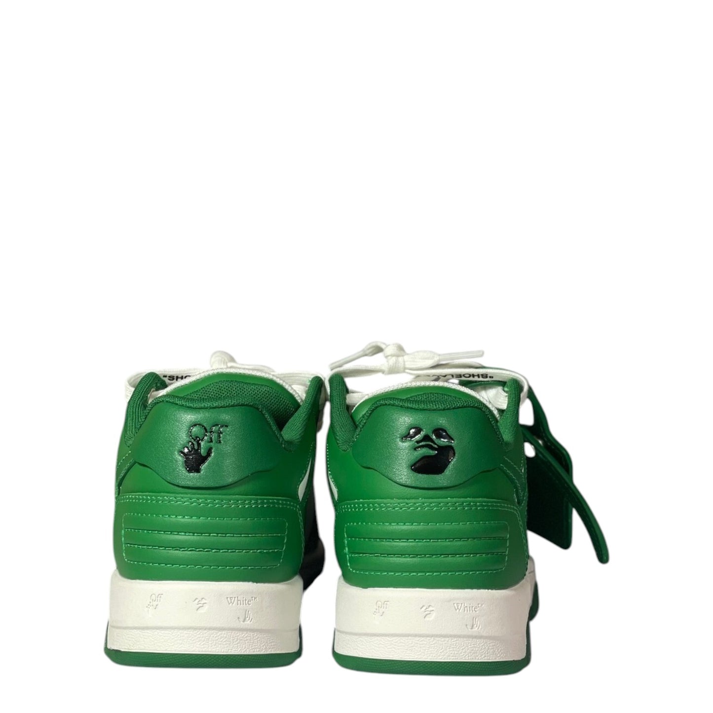 Luxury Chef OFF-WHITE OUT OF OFFICE green leather sneakers with white accents and signature logo detail.