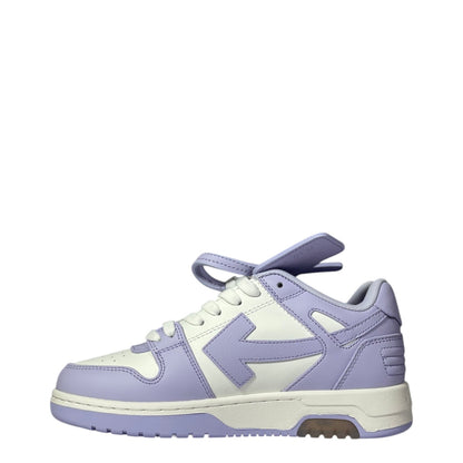 Luxury Chef OFF-WHITE OUT OF OFFICE low-top sneakers in white and lavender leather with signature arrow logo.