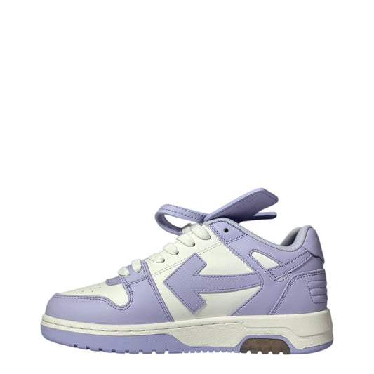 Luxury Chef OFF-WHITE OUT OF OFFICE low-top sneakers in white and lavender leather with signature arrow logo.