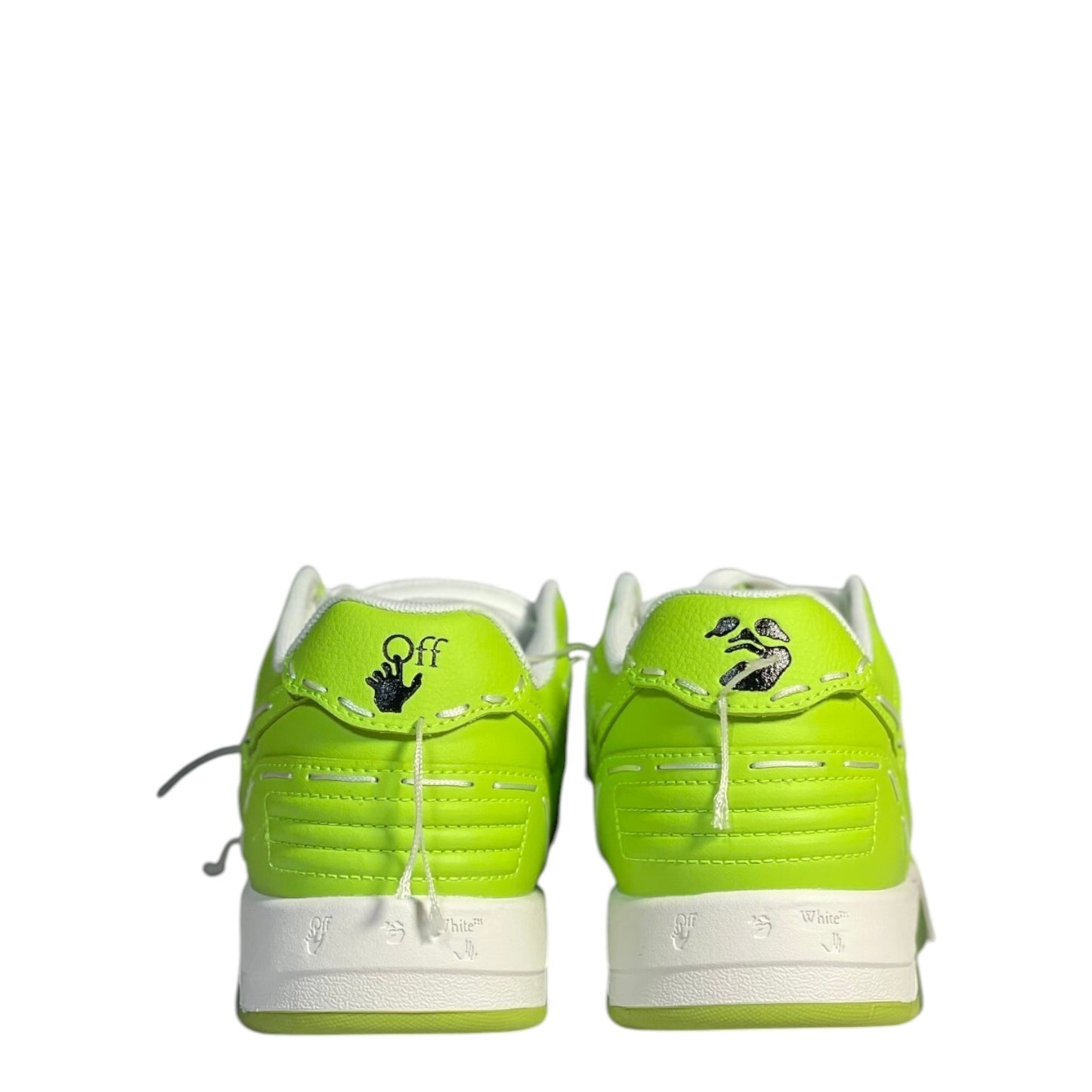 Luxury Chef OFF-WHITE OUT OF OFFICE lime green leather sneakers with white soles and signature branding.