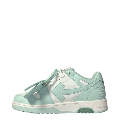 Luxury Chef Off-White Out of Office sneakers in white and mint green leather with signature arrow logo.