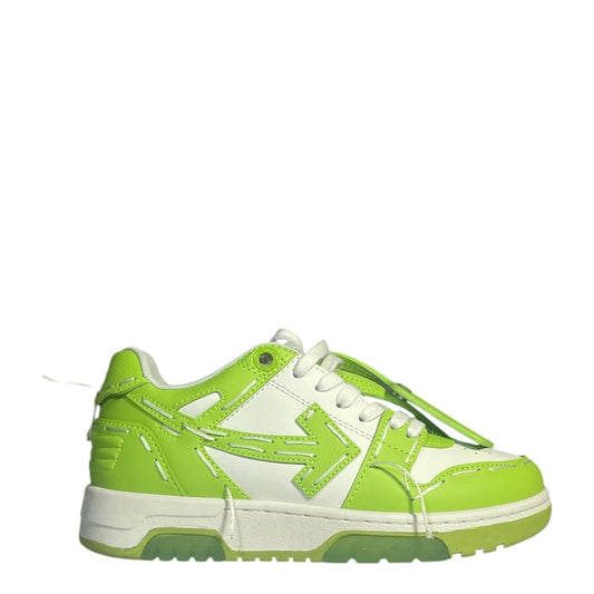 Luxury Chef OFF-WHITE OUT OF OFFICE low-top sneakers in white and neon green leather with signature arrow logo.