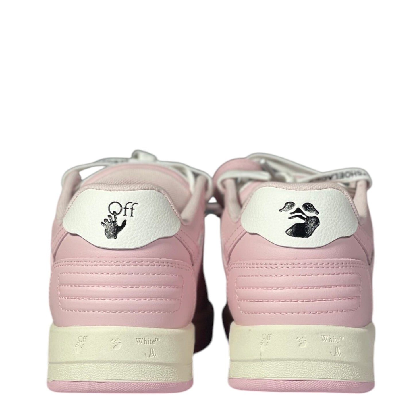 Luxury Chef OFF-WHITE OUT OF OFFICE pink leather sneakers with white accents and logo details.