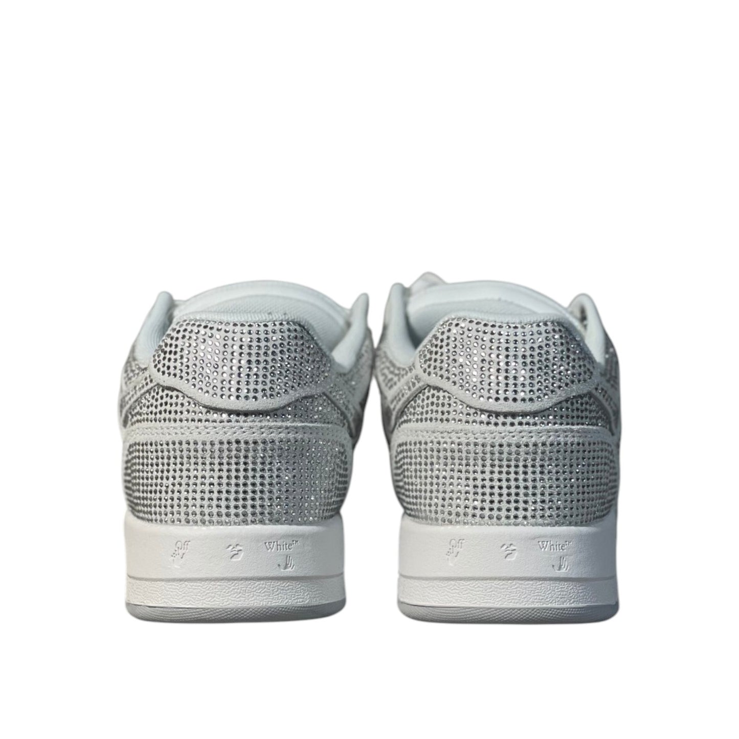 Luxury Chef OFF-WHITE OUT OF OFFICE white sneakers adorned with sparkling rhinestones. Low-top design with signature branding on the heel.