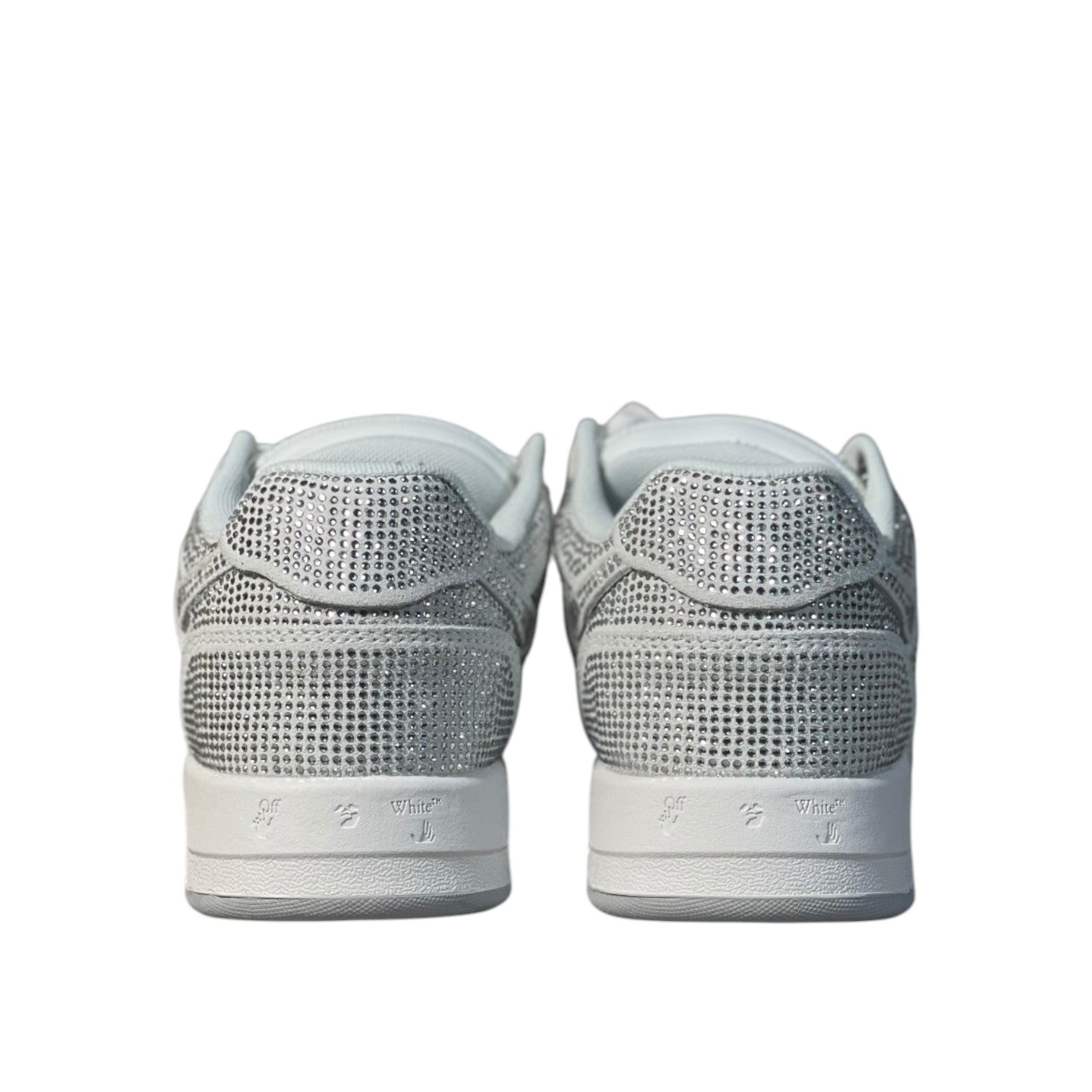 Luxury Chef OFF-WHITE OUT OF OFFICE white sneakers adorned with sparkling rhinestones. Low-top design with signature branding on the heel.