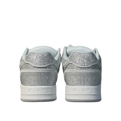 Luxury Chef OFF-WHITE OUT OF OFFICE white sneakers adorned with sparkling rhinestones. Low-top design with signature branding on the heel.