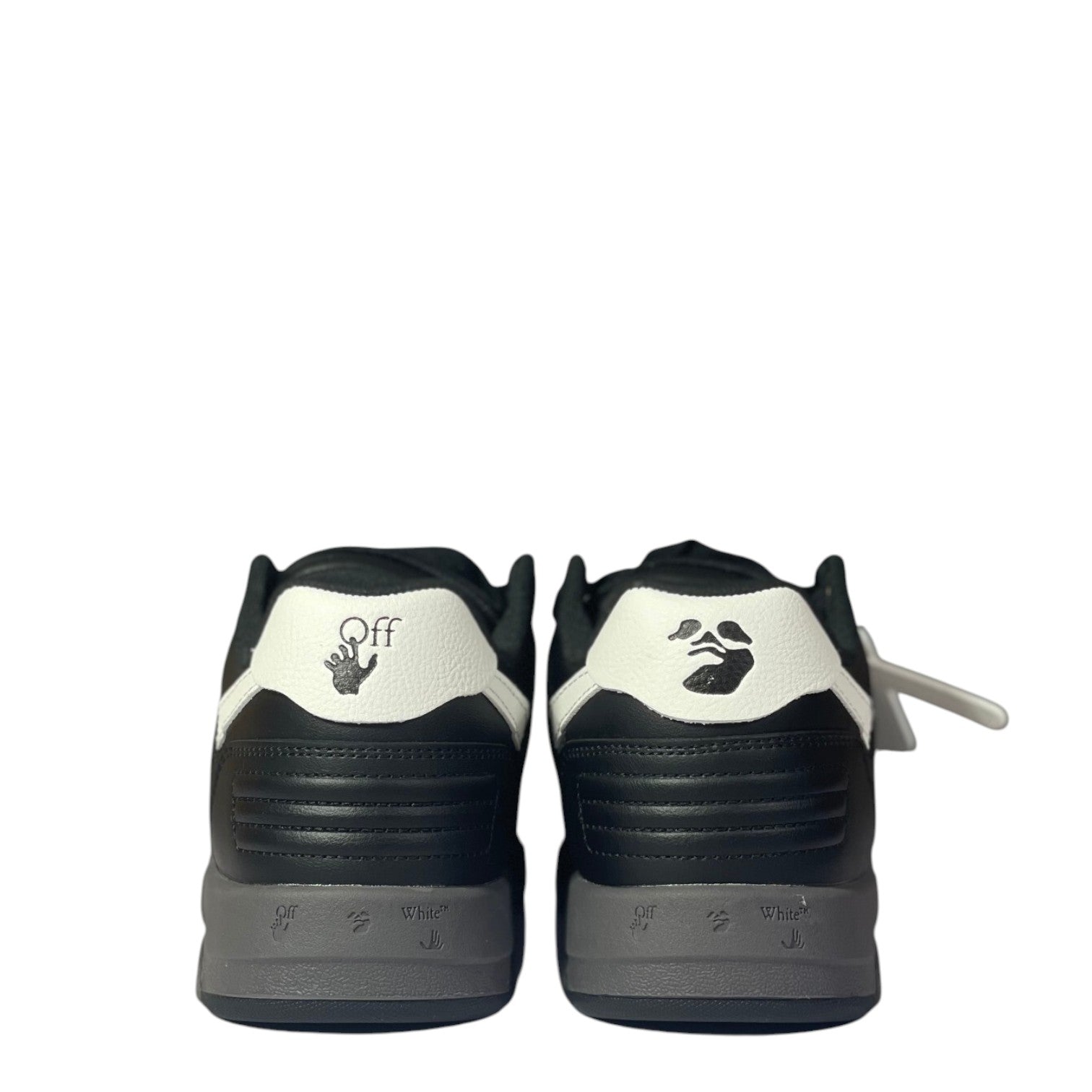 Luxury Chef OFF-WHITE OUT OF OFFICE black and white leather sneakers with grey soles.