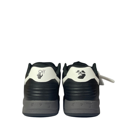 Luxury Chef OFF-WHITE OUT OF OFFICE black and white leather sneakers with grey soles.