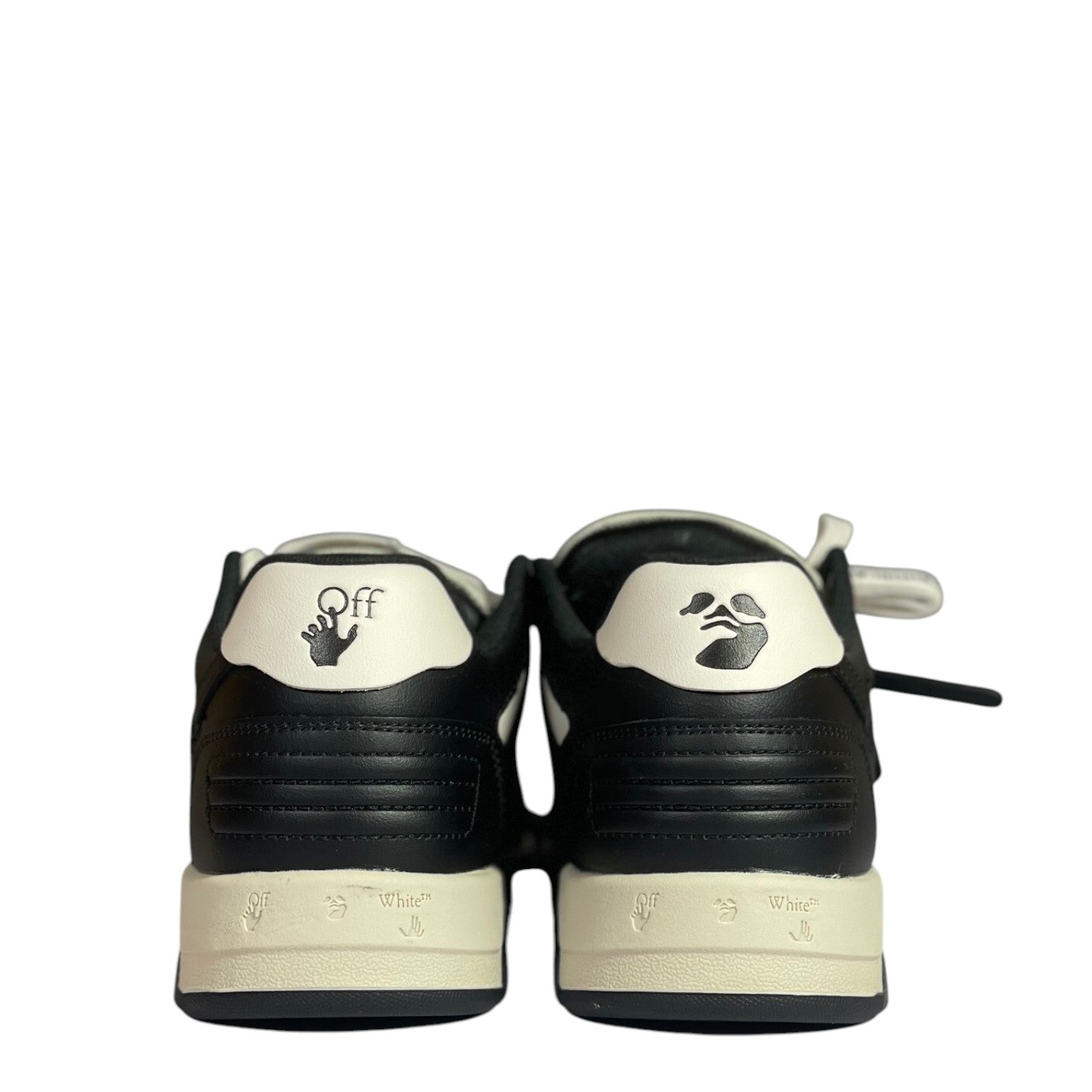 Luxury Chef OFF-WHITE OUT OF OFFICE black and white leather sneakers with iconic logo details.
