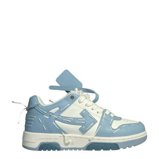 Luxury Chef OFF-WHITE OUT OF OFFICE low-top sneakers in white and baby blue leather with signature arrow logo.