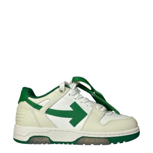 Luxury Chef Off-White Out of Office sneakers in white leather with green arrow logo and accents.