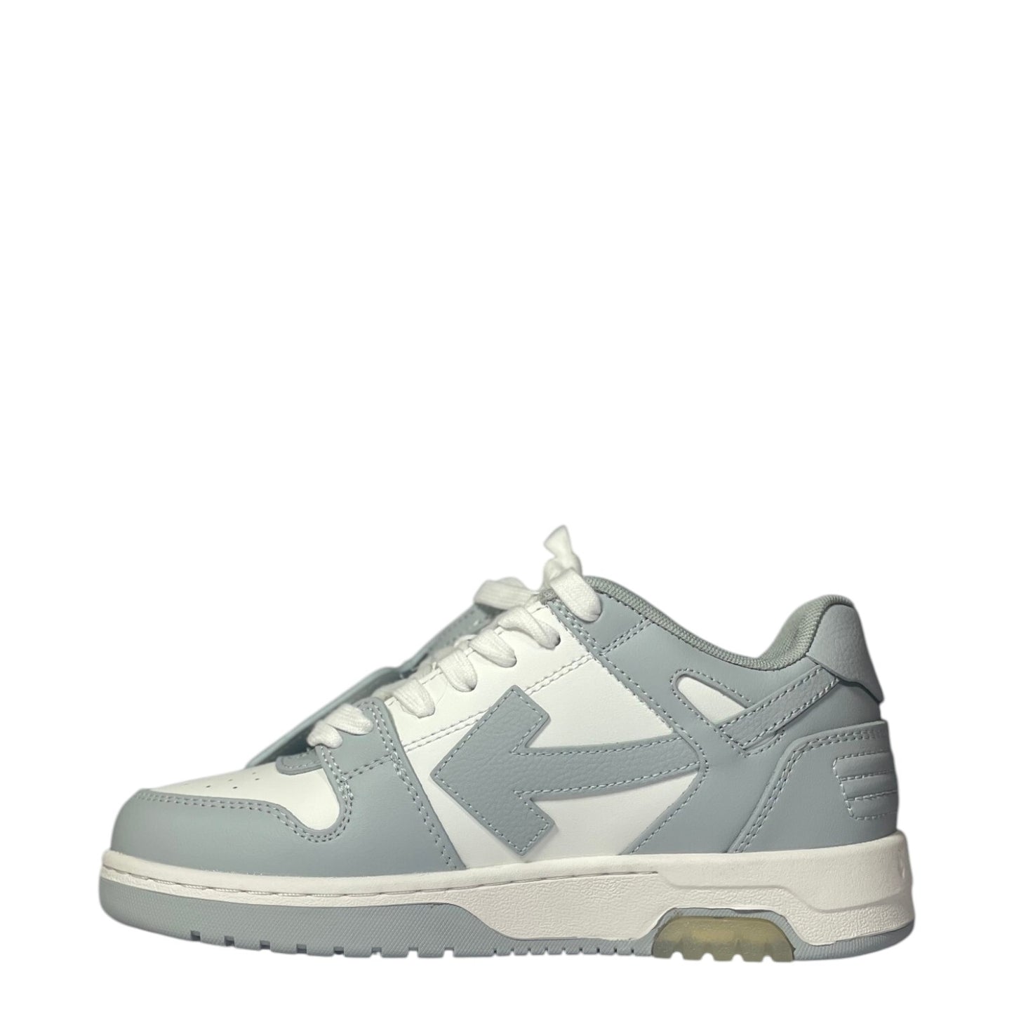 Luxury Chef Off-White Out of Office sneakers in white and light grey leather with signature arrow logo.
