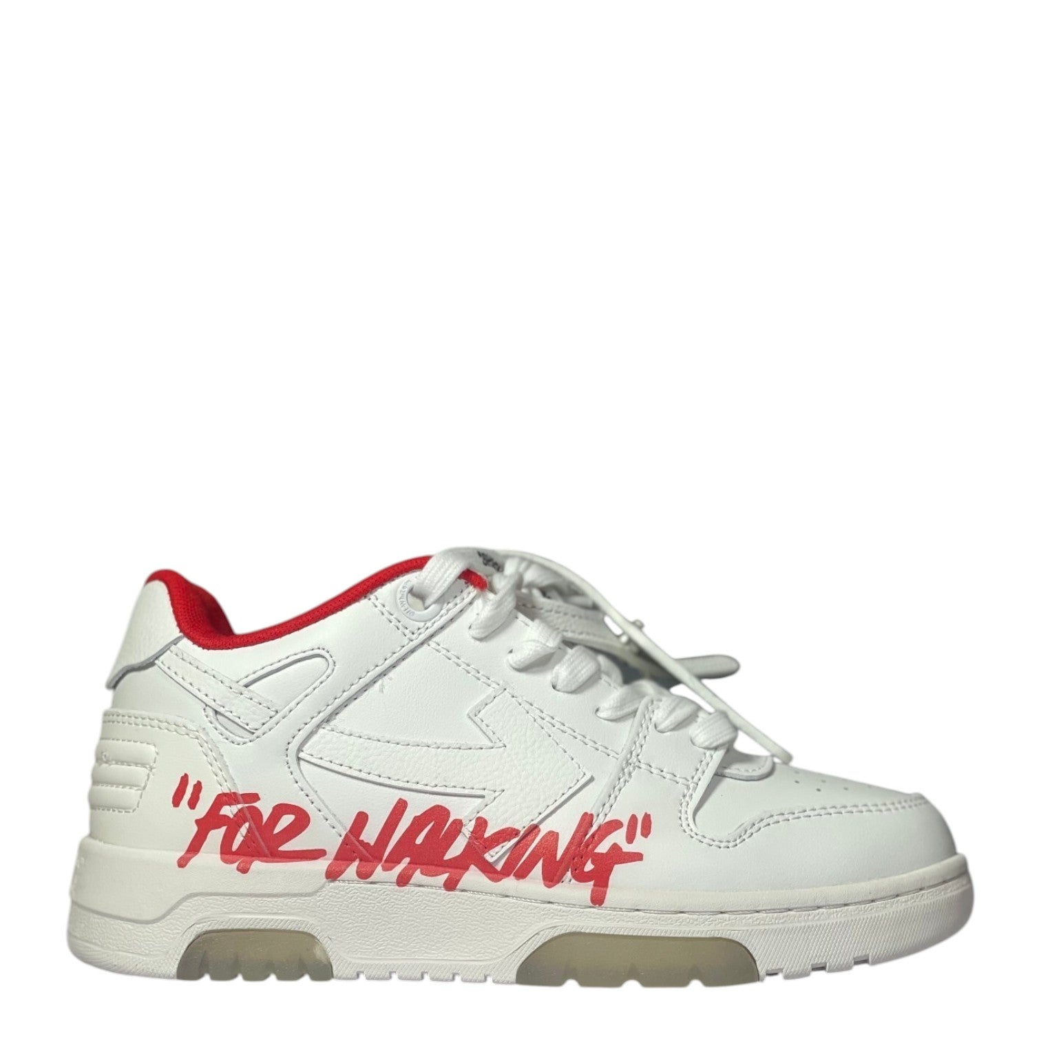 Luxury Chef Off-White Out of Office sneakers with red "FOR WALKING" text and red collar lining.