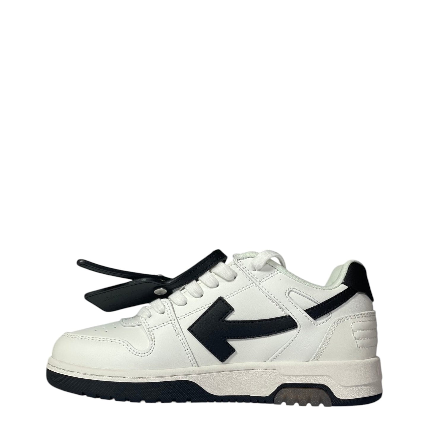 Luxury Chef Off-White Out Of Office sneakers with black arrow logo on white leather.