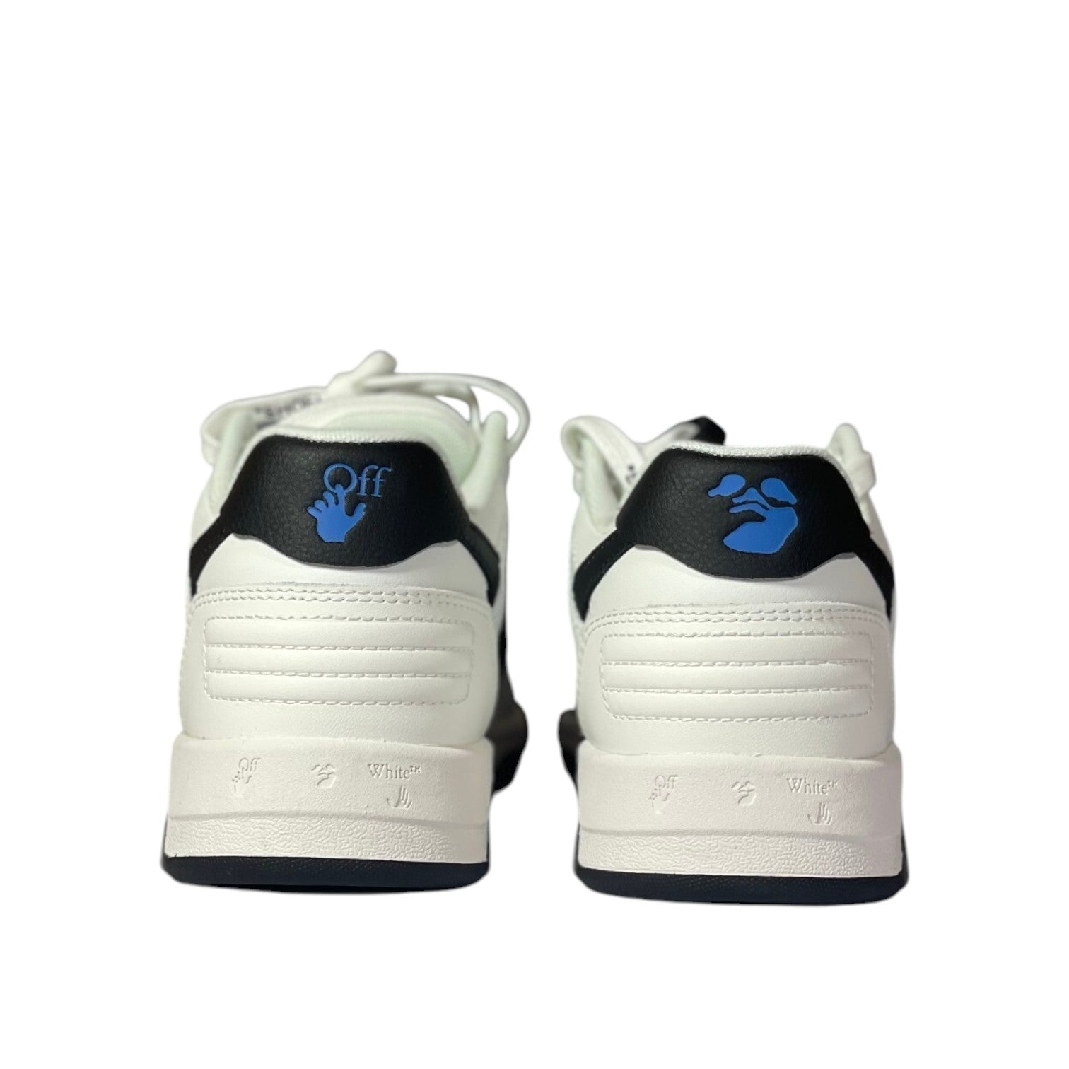 Luxury Chef OFF-WHITE OUT OF OFFICE white leather sneakers with blue logo detail and black accents.