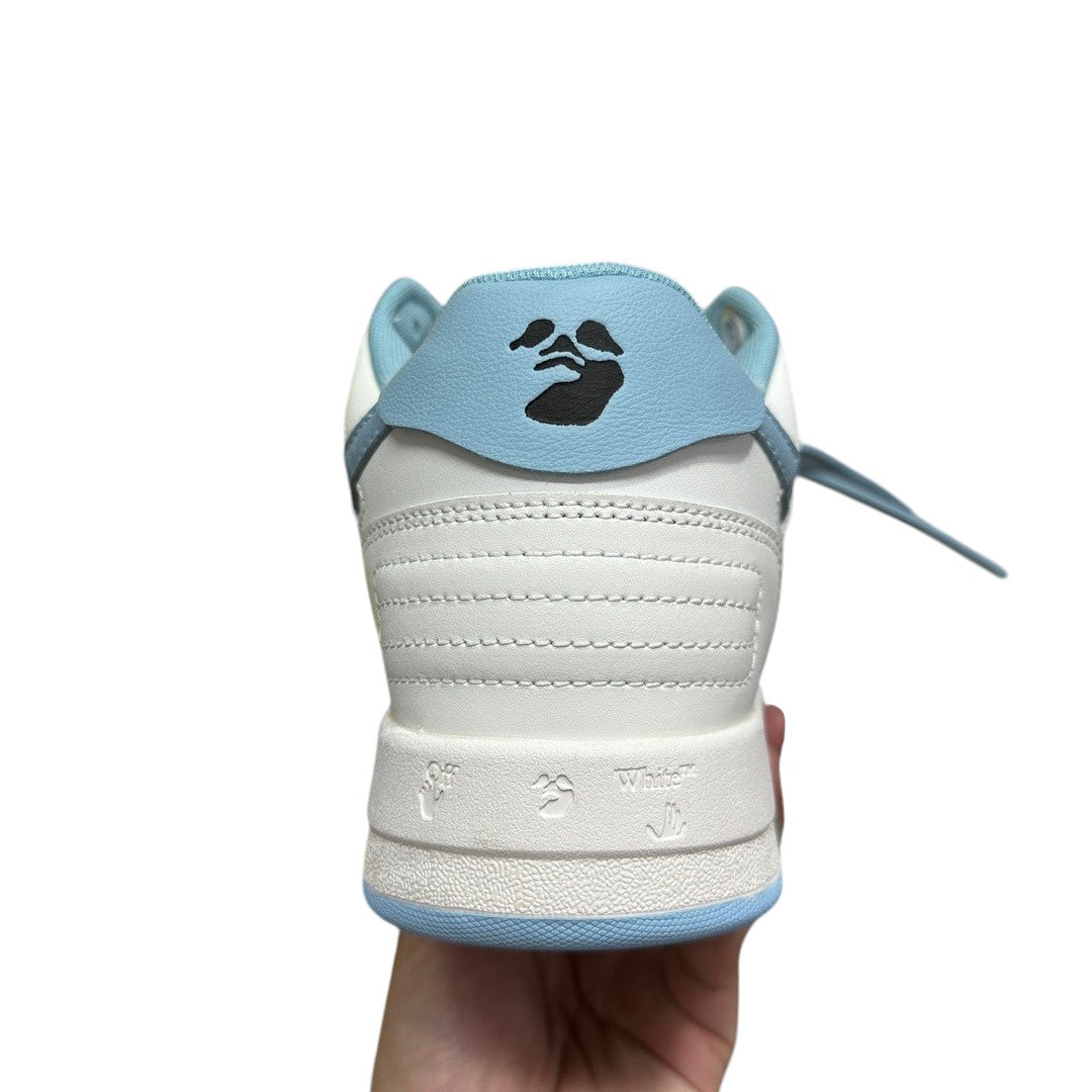 Luxury Chef OFF-WHITE OUT OF OFFICE sneakers with white leather and light blue accents. Features iconic branding on heel tab and sole.