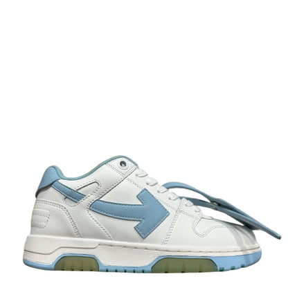 Luxury Chef OFF-WHITE Out of Office sneakers in white leather with light blue accents and signature arrow logo.