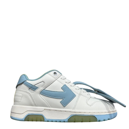 Luxury Chef OFF-WHITE Out of Office sneakers in white leather with light blue accents and signature arrow logo.