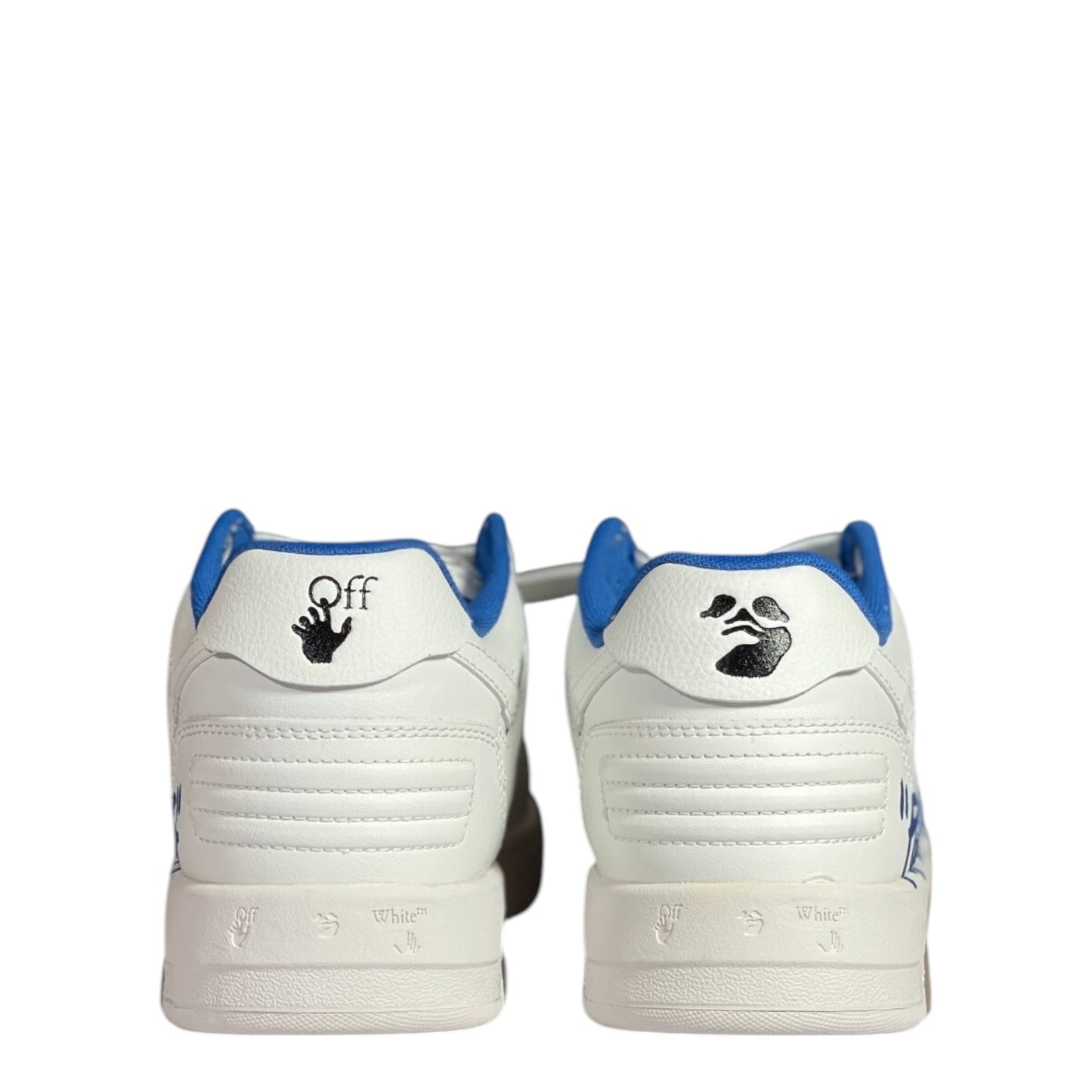 Luxury Chef OFF-WHITE OUT OF OFFICE white leather sneakers with blue accents and iconic logo details.