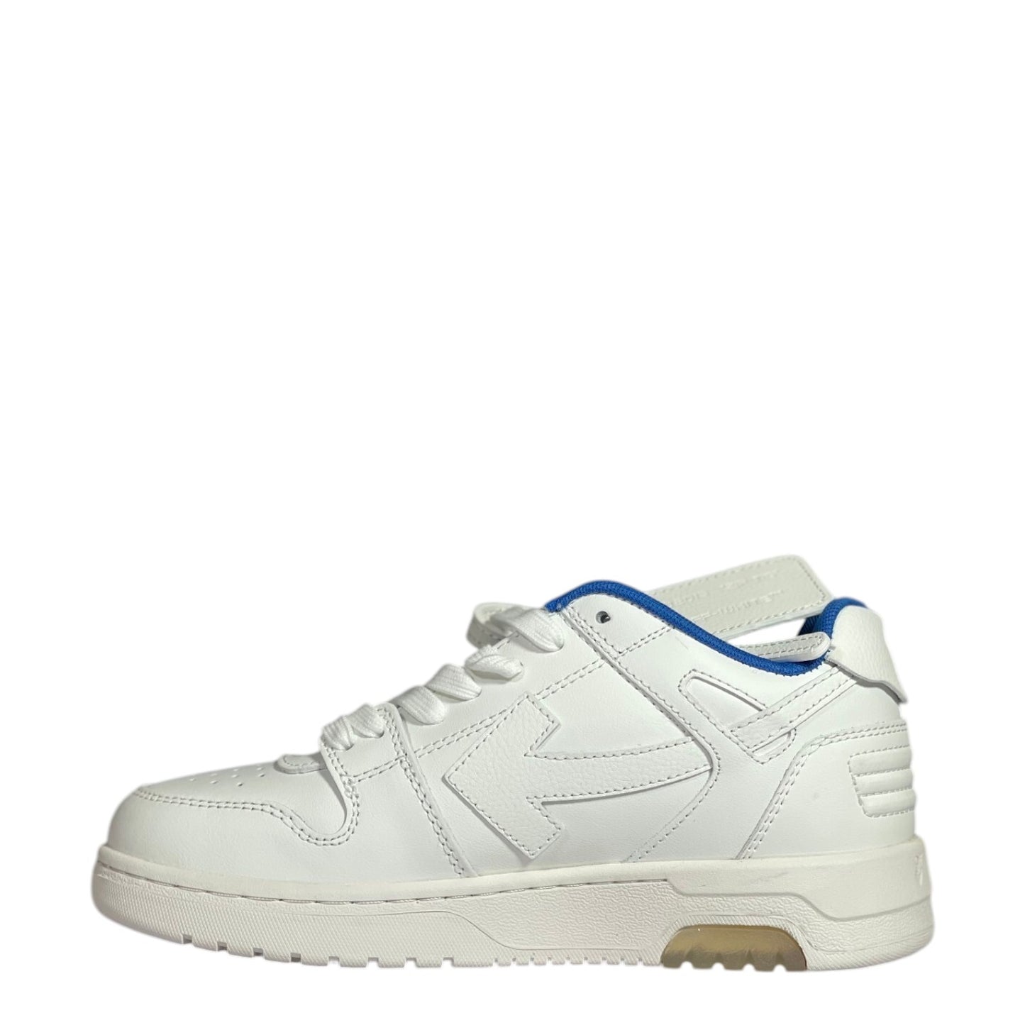 Luxury Chef Off-White Out of Office white leather sneakers with blue accents and arrow logo.