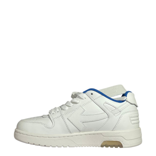 Luxury Chef Off-White Out of Office white leather sneakers with blue accents and arrow logo.
