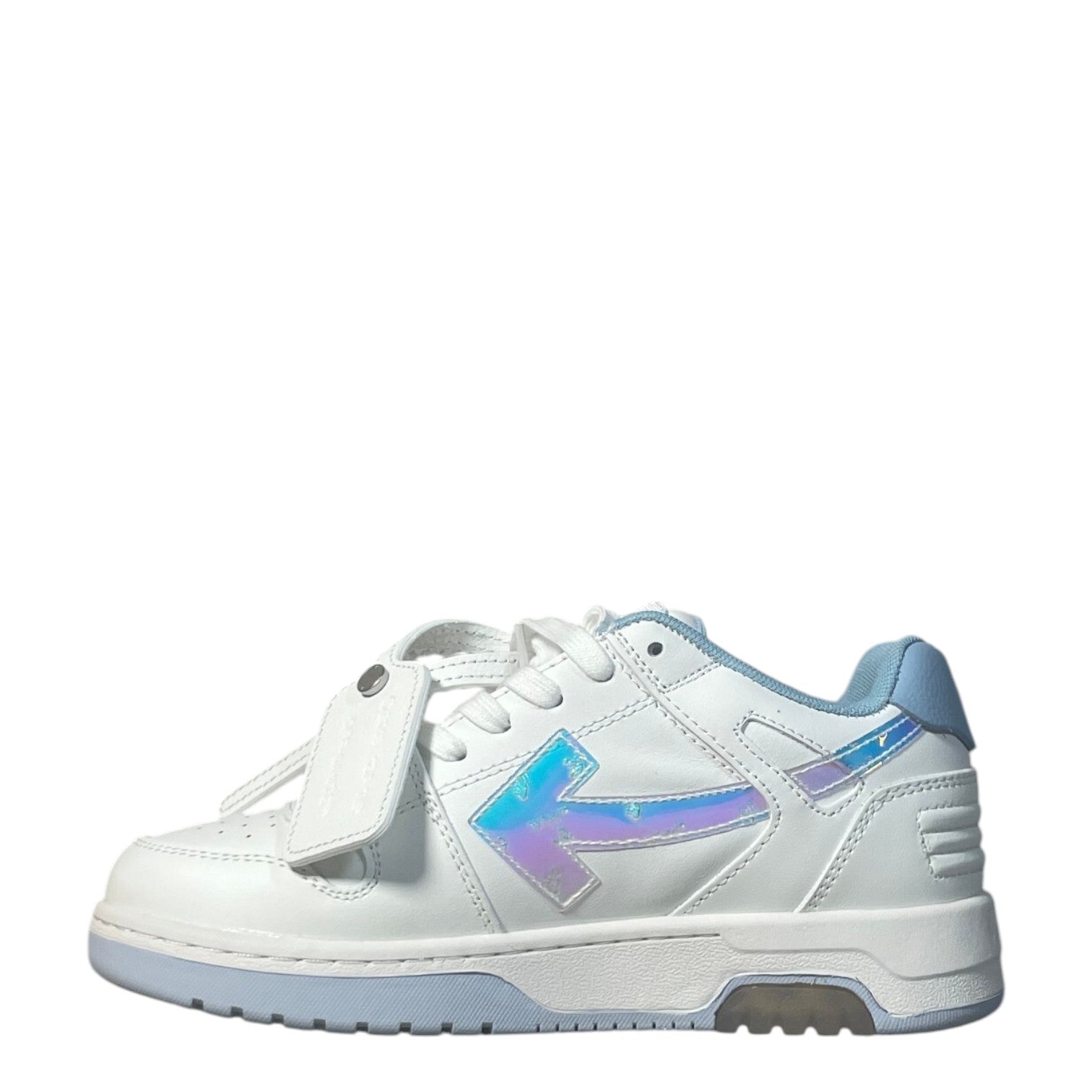 Luxury Chef OFF-WHITE OUT OF OFFICE white leather sneakers with iridescent arrow logo and light blue accents.