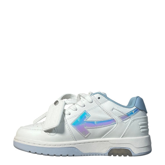 Luxury Chef OFF-WHITE OUT OF OFFICE white leather sneakers with iridescent arrow logo and light blue accents.