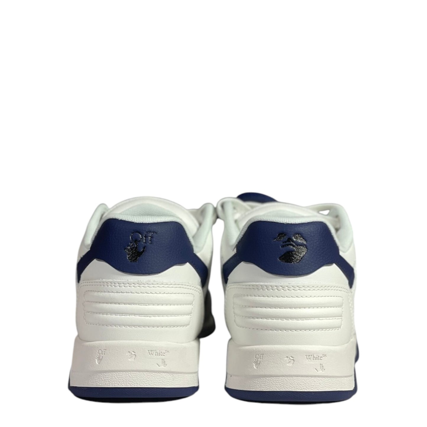 Luxury Chef OFF-WHITE OUT OF OFFICE white leather sneakers with navy blue accents and embossed logo.