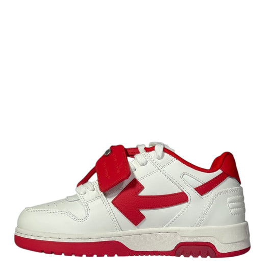 Luxury Chef Off-White Out of Office low-top sneakers in white leather with red arrow logo and accents.