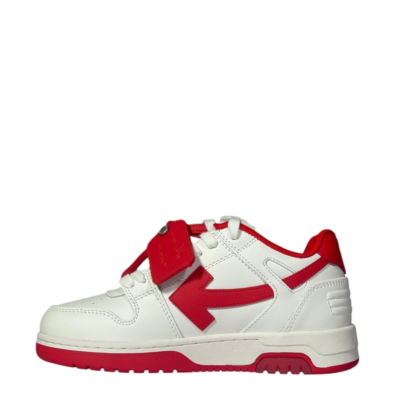 Luxury Chef Off-White Out of Office low-top sneakers in white leather with red accents and signature arrow logo.