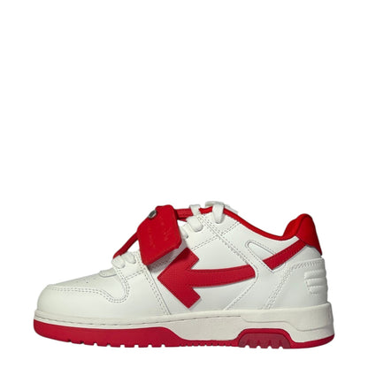 Luxury Chef Off-White Out of Office low-top sneakers in white leather with red accents and signature arrow logo.