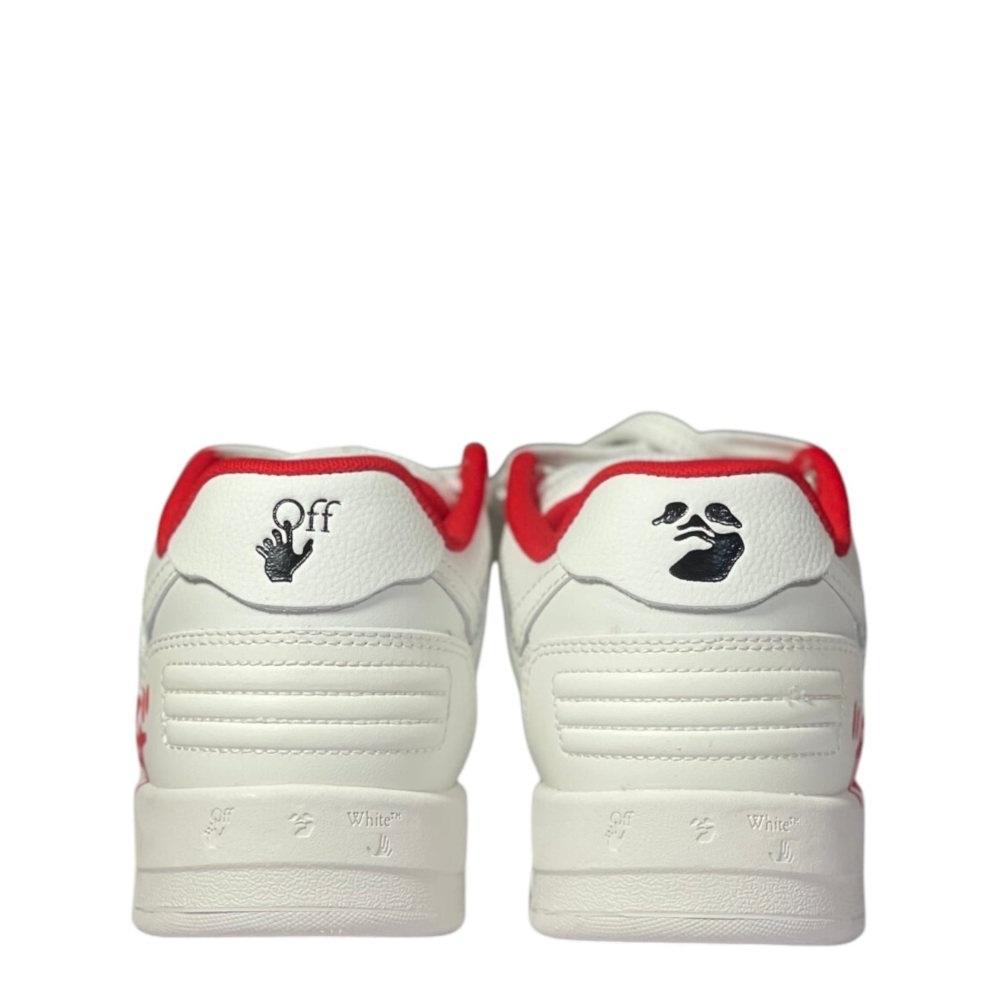 Luxury Chef OFF-WHITE OUT OF OFFICE white leather sneakers with red accents and black logo details.