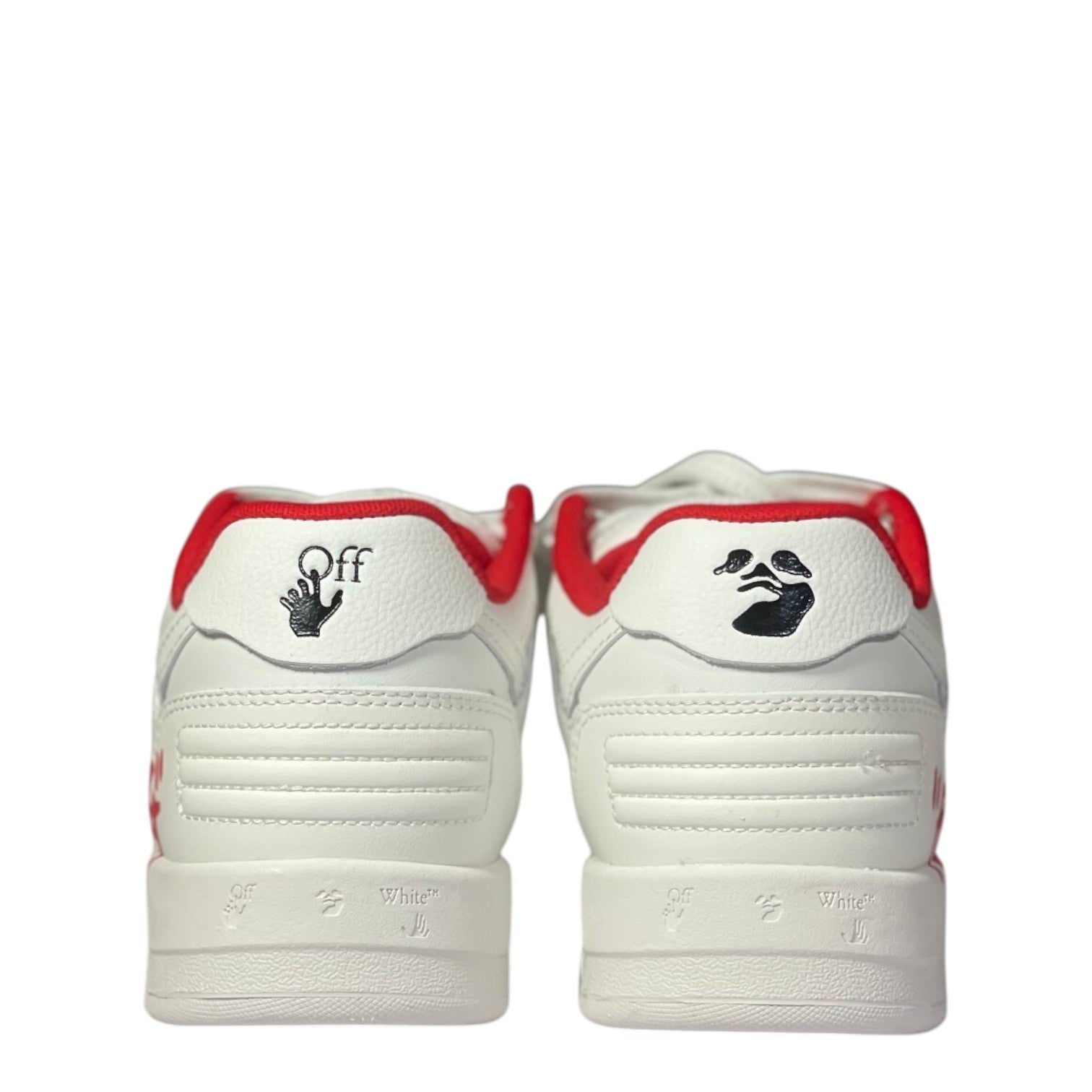 Luxury Chef OFF-WHITE OUT OF OFFICE white leather sneakers with red accents and black logo details.
