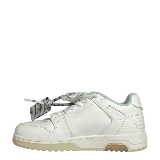 Luxury Chef Off-White Out of Office sneakers with white leather, grey accents, and marbled laces.