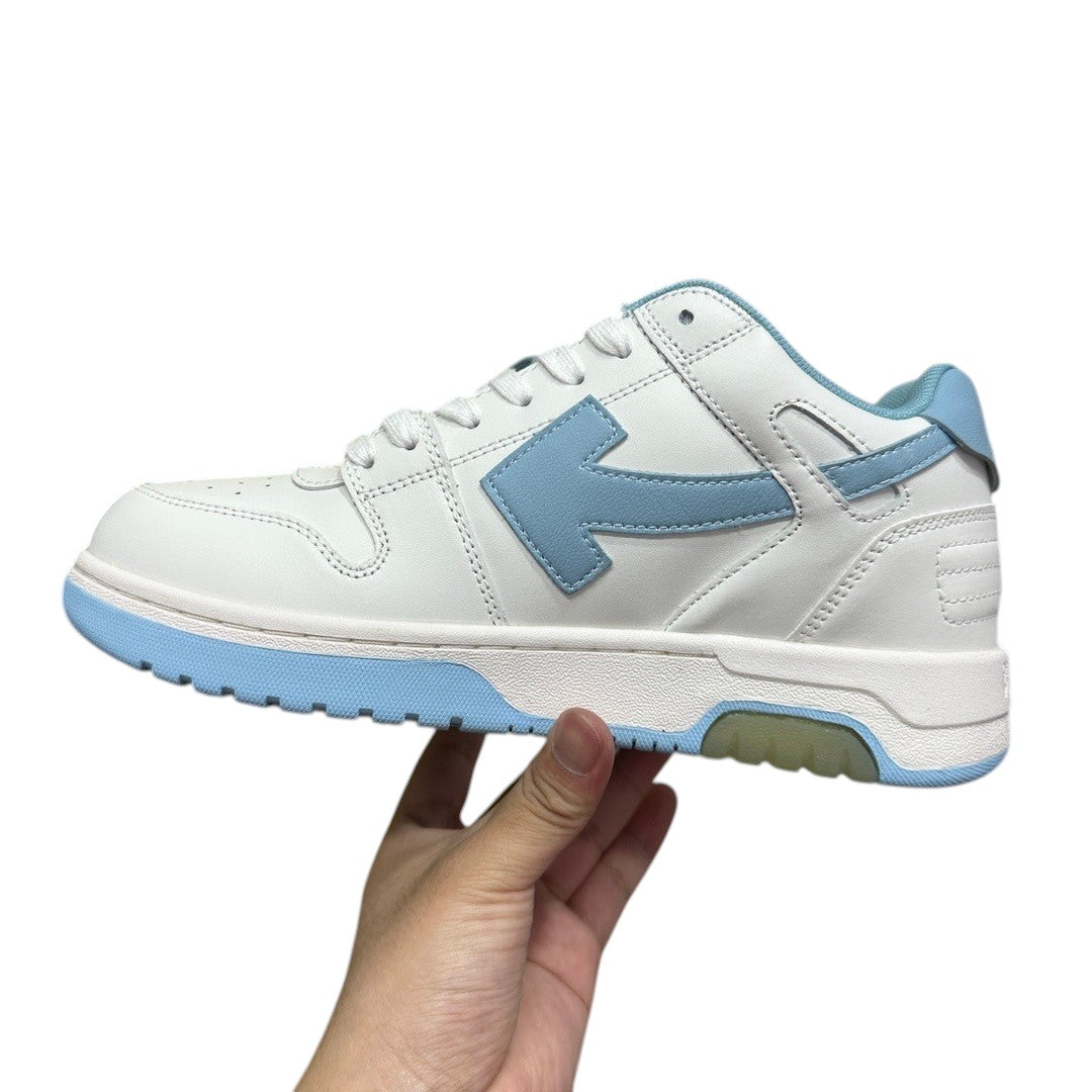Luxury Chef OFF-WHITE OUT OF OFFICE white leather sneakers with light blue arrow logo and sole accents.