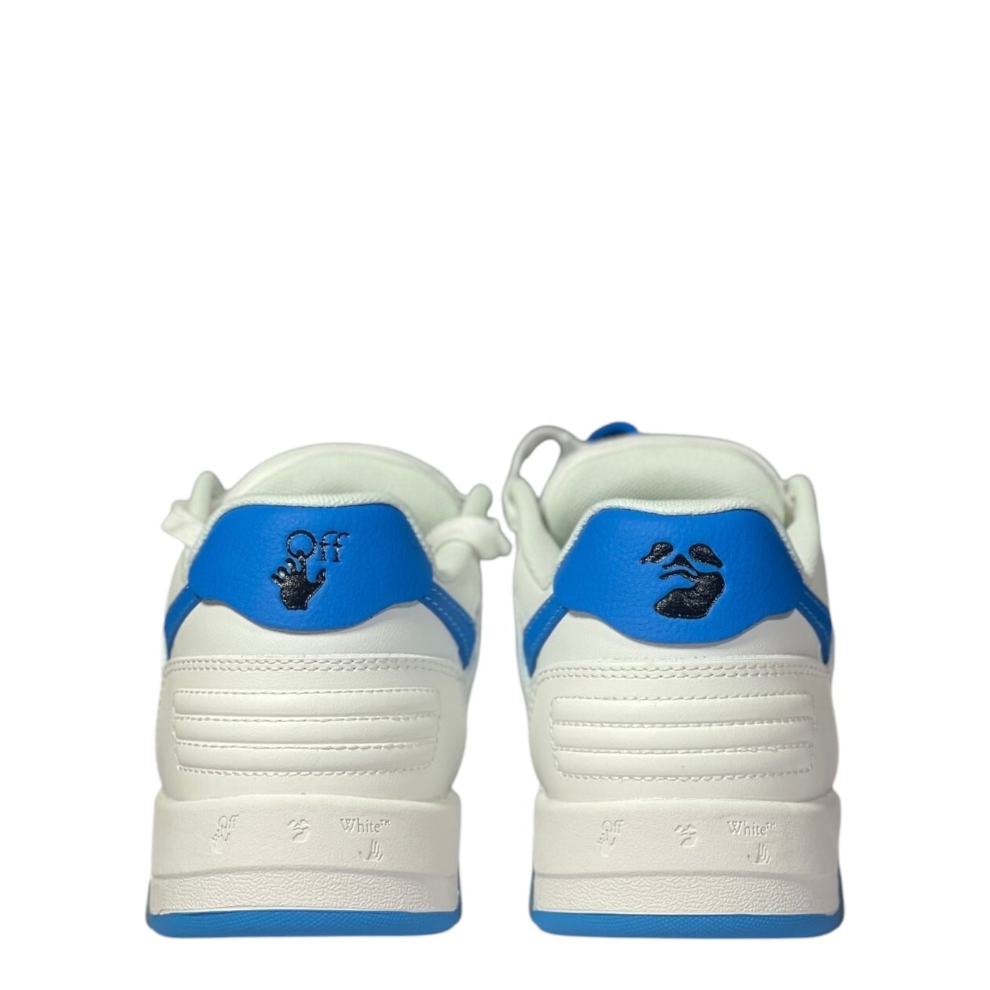 Luxury Chef OFF-WHITE OUT OF OFFICE white and blue leather sneakers with black logo detail.