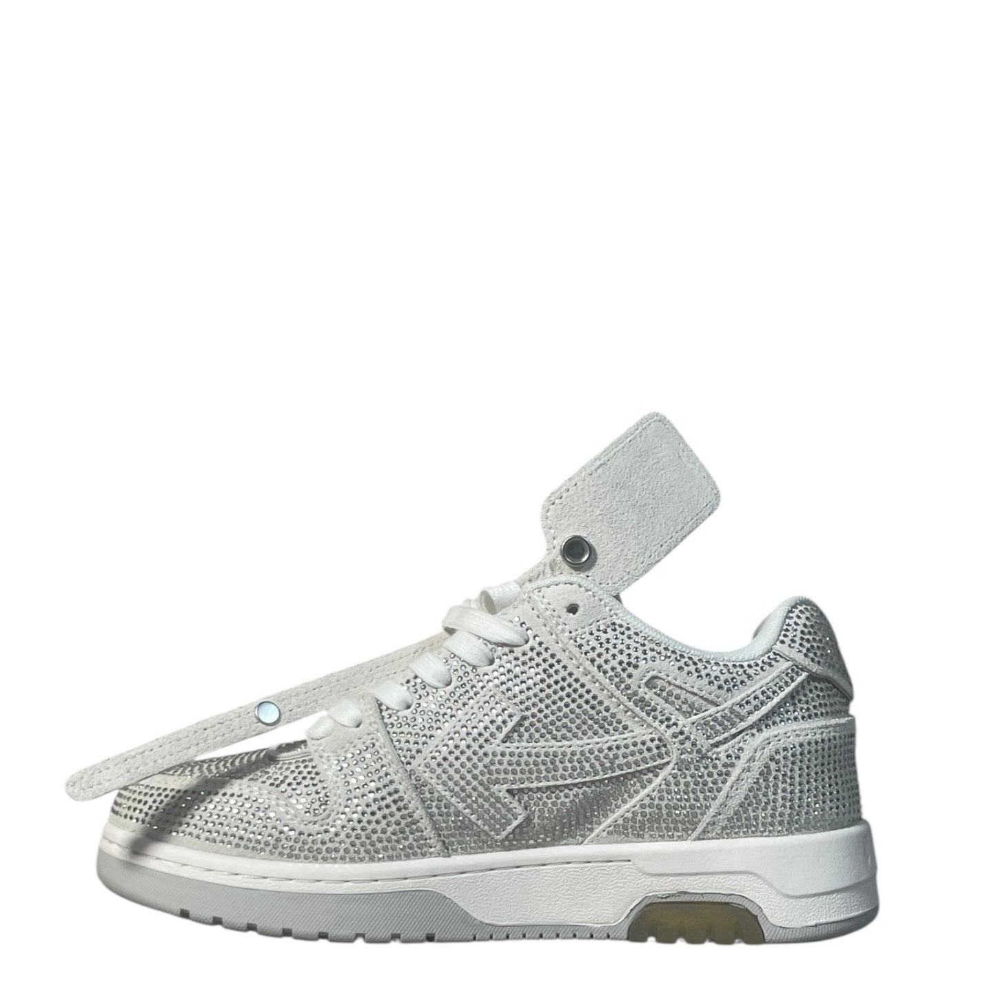 Luxury Chef OFF-WHITE OUT OF OFFICE white crystal-embellished sneakers with silver accents and a white tag.