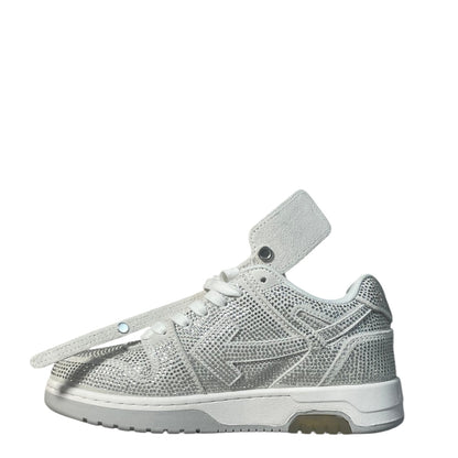 Luxury Chef OFF-WHITE OUT OF OFFICE white crystal-embellished sneakers with silver accents and a white tag.