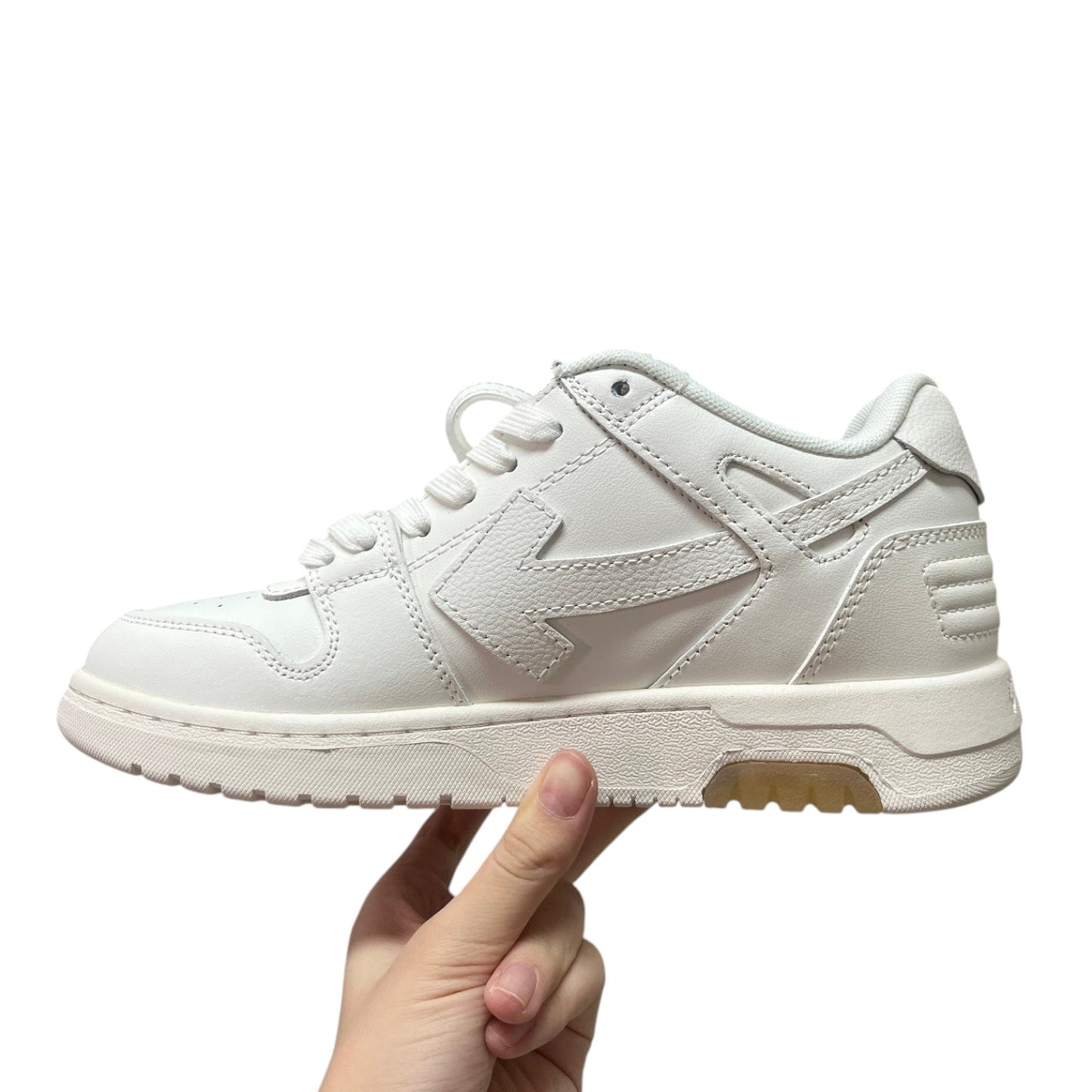 Luxury Chef Off-White Out of Office white leather low-top sneakers with signature arrow logo.