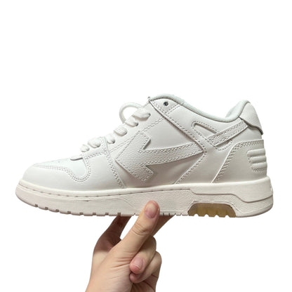 Luxury Chef Off-White Out of Office white leather low-top sneakers with signature arrow logo.