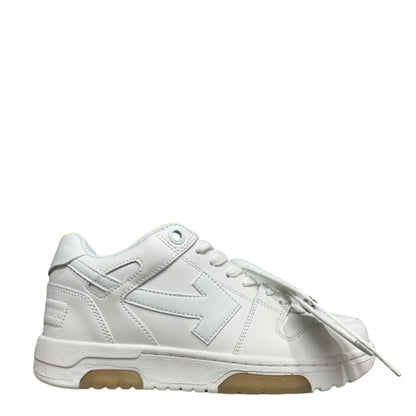 Luxury Chef OFF-WHITE OUT OF OFFICE white leather low-top sneakers with signature arrow logo and translucent sole details.