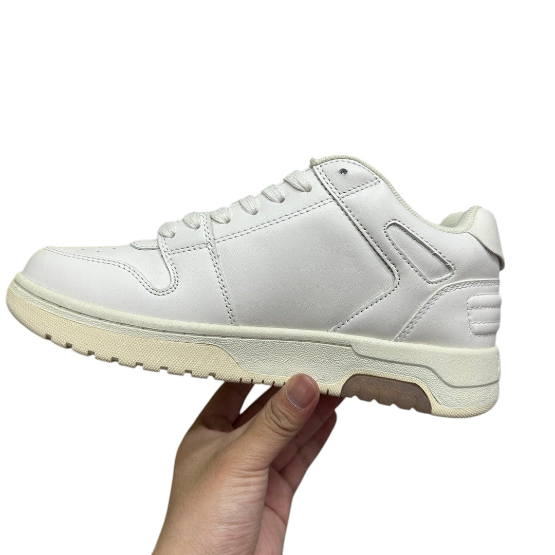 Luxury Chef OFF-WHITE OUT OF OFFICE white leather low-top sneakers with cream sole and stitched detailing.