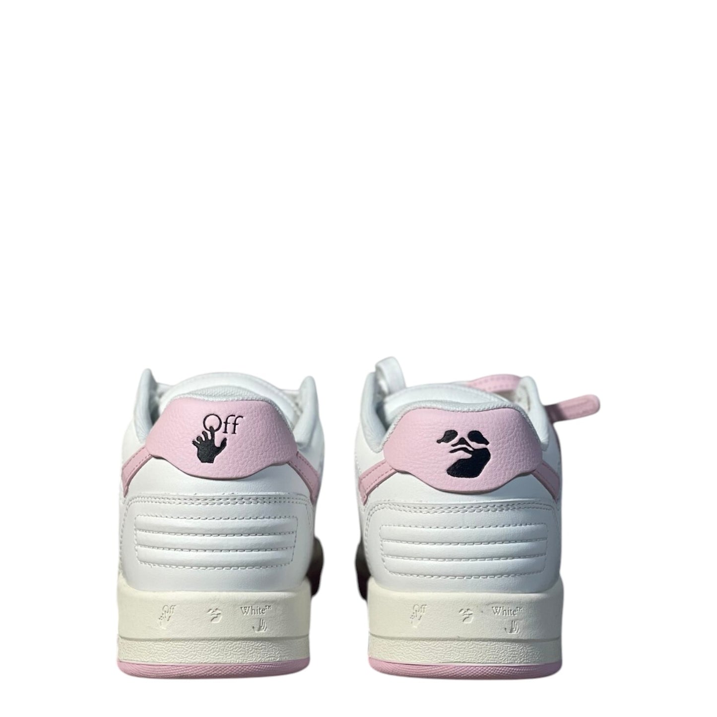 Luxury Chef OFF-WHITE OUT OF OFFICE white leather sneakers with pink accents and black logo details.