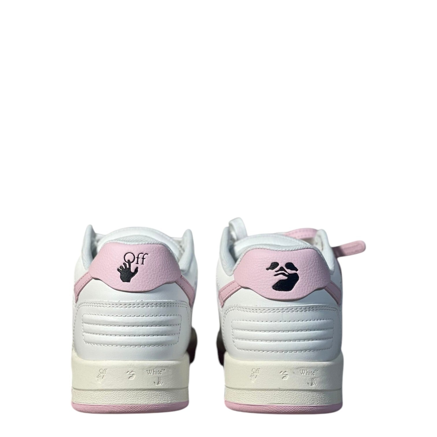 Luxury Chef OFF-WHITE OUT OF OFFICE white leather sneakers with pink accents and black logo details.