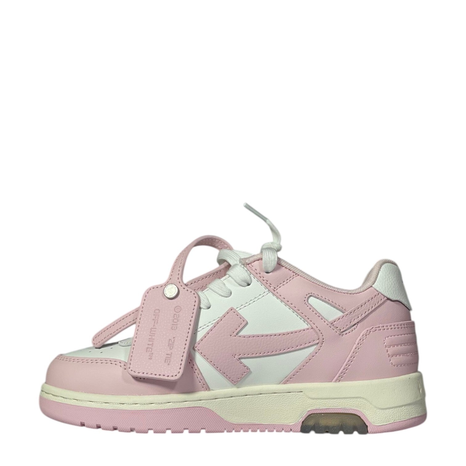 Luxury Chef OFF-WHITE OUT OF OFFICE pink and white leather low-top sneakers with signature arrow logo.