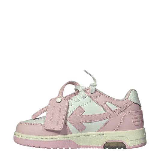 Luxury Chef OFF-WHITE OUT OF OFFICE pink and white leather low-top sneakers with signature arrow logo.