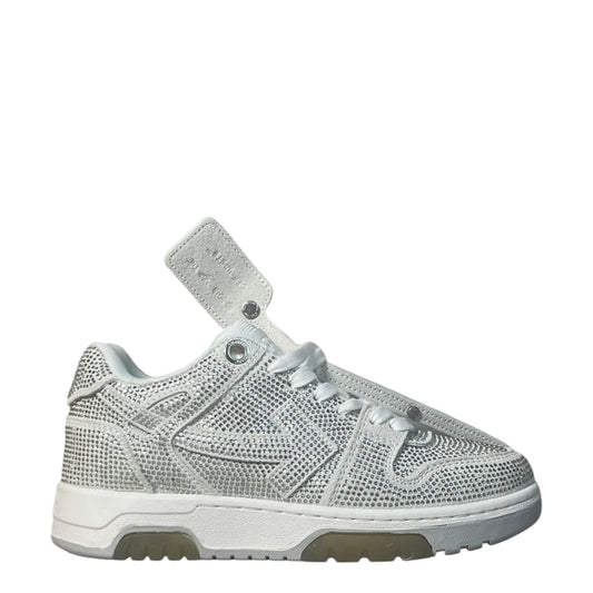 Luxury Chef OFF-WHITE OUT OF OFFICE white rhinestone sneakers with white laces and a translucent sole.
