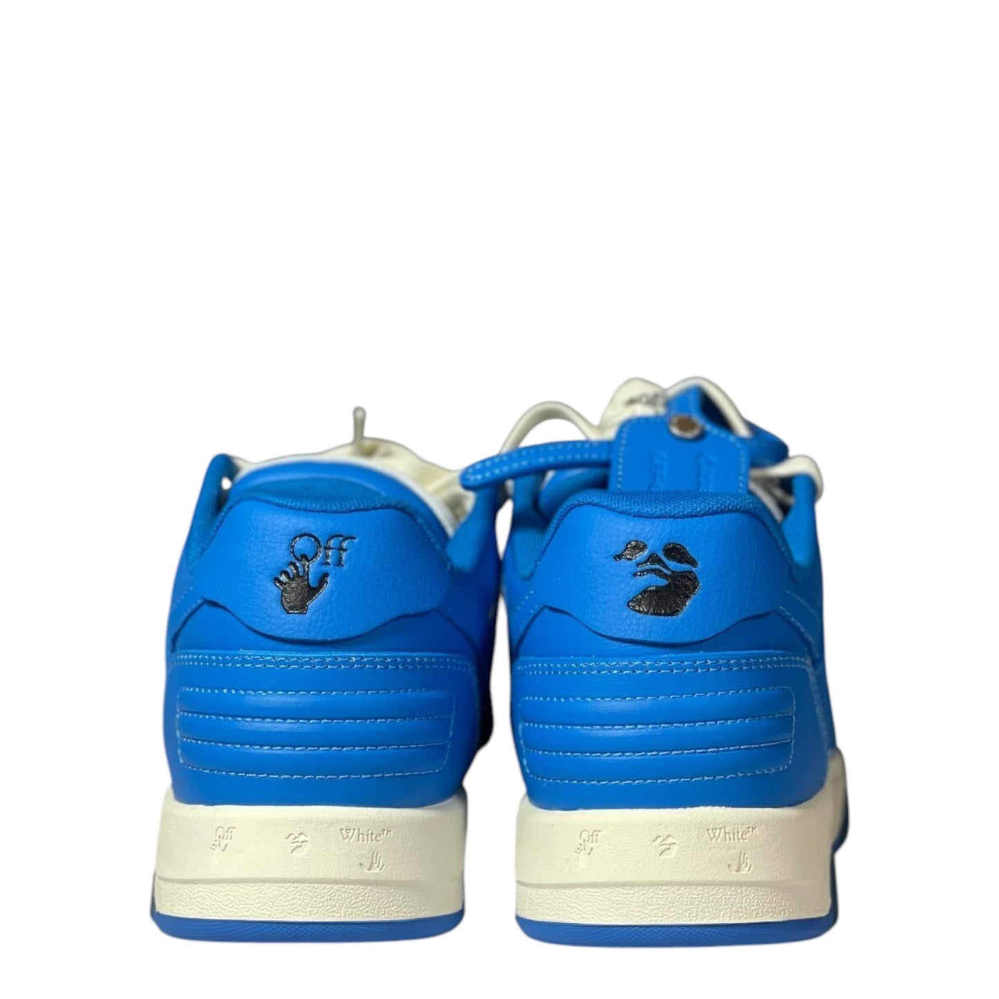 Luxury Chef OFF-WHITE OUT OF OFFICE blue leather sneakers with white soles and black logo details.